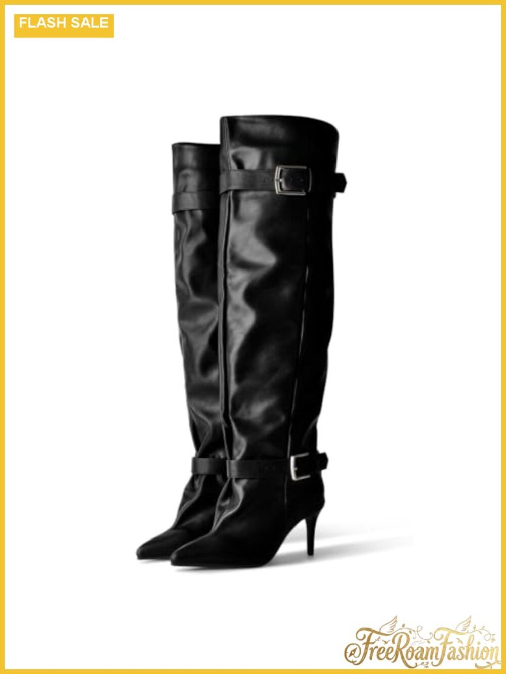 Slouch Knee-High Boots Kitten Heel Pointed Toe Over-the-Knee Belted